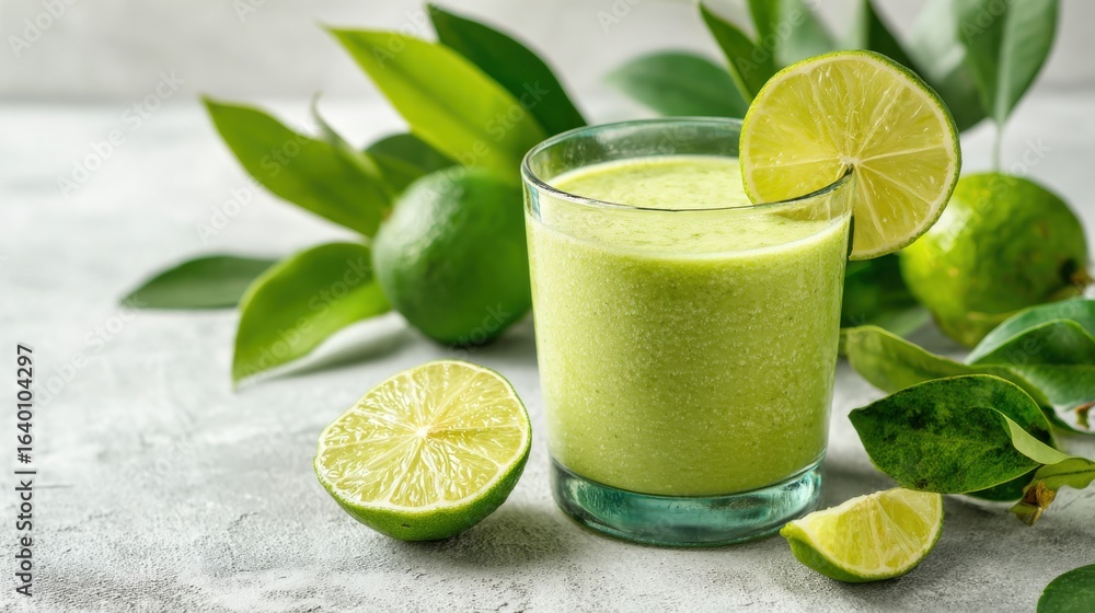 Poster a glass of green juice with a lime slice on top. the juice is made from green vegetables and is serv