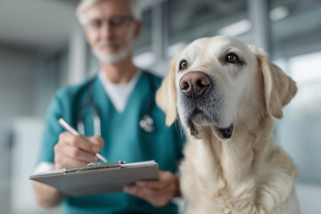 A veterinarian examining a golden retriever in a clinical setting. The dog appears calm and attentive while the veterinarian writes on a clipboard. 