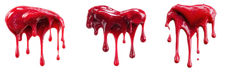 Three abstract shapes of thick red liquid dripping downwards, isolated on transparent background