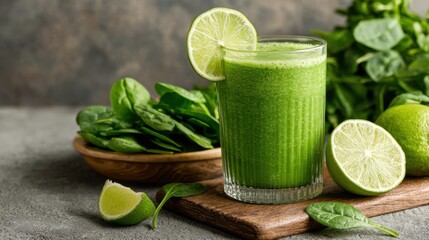 A glass of green juice with a lime slice on top. The juice is made from spinach and is served in a glass. The juice is placed on a wooden table with a bowl of spinach next to it