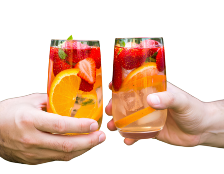Set of orange and strawberry cocktails in men’s hands – refreshing summer drinks isolated on transparent background. - Powered by Adobe