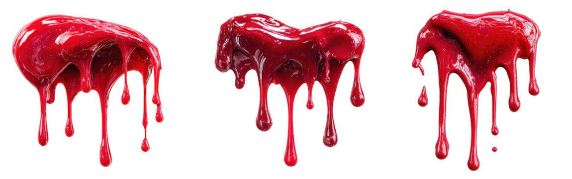Three abstract shapes of thick red liquid dripping downwards, isolated on transparent background