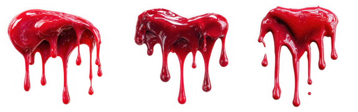 Three abstract shapes of thick red liquid dripping downwards, isolated on transparent background