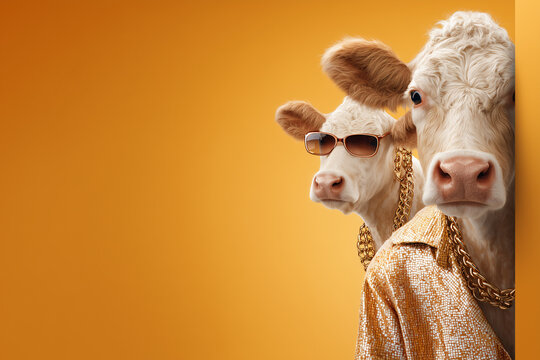 Glamorous cows with a touch of cool attitude. The cows are well-dressed and wearing stylish sunglasses, exuding a unique, fun vibe