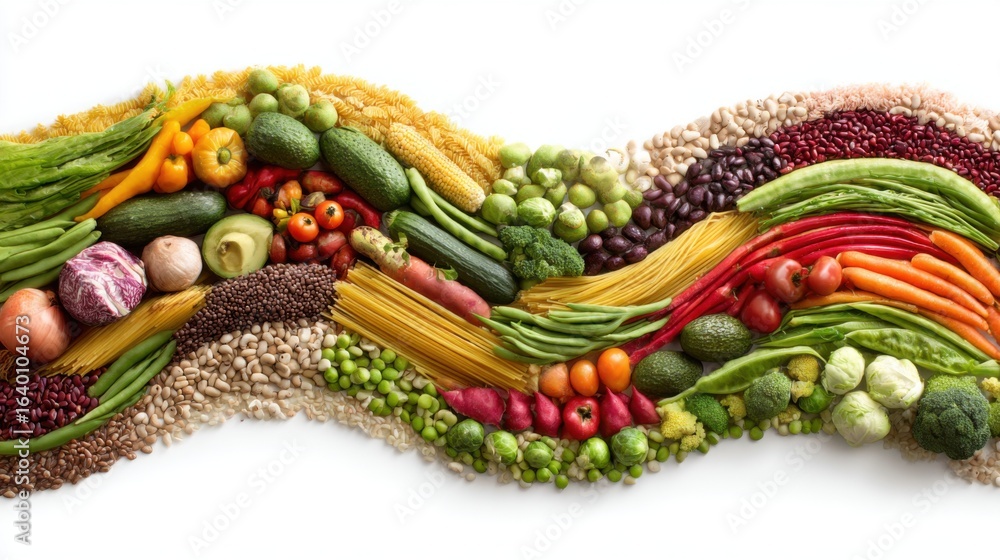 Poster a colorful display of vegetables and fruits arranged in a long line. concept of abundance and variet