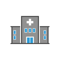 A flat design icon of a gray hospital building with a central white medical cross, blue windows, and doors.