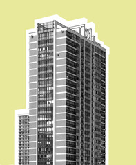 Modern multistorey residential building with balconies and contemporary facade. Tall condominium