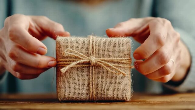 Hands gently unwrapping a gift box with care and anticipation in rustic setting