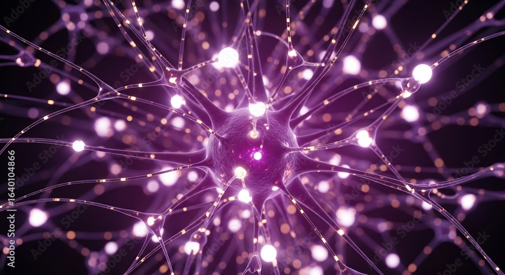 Poster glowing purple neuron network with firing synapses. 3d digital illustration of a brain cell, represe