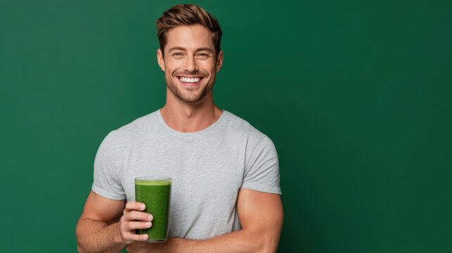 A man is smiling and holding a green smoothie. Concept of health and wellness, as the man is promoting the benefits of drinking green smoothies