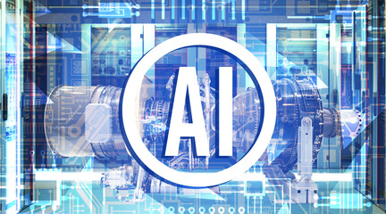 AI application in turbine engine development with digital circuit overlay, representing artificial intelligence, aerospace engineering, manufacturing, technology, innovation. © Grispb