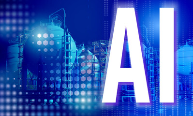 AI implementation in industrial storage facility with spherical tanks and digital overlay,...
