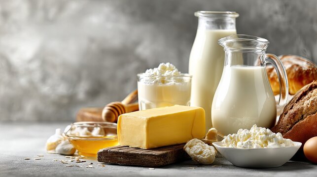 Rich dairy products and golden honey beautifully arranged on a rustic surface, showcasing wholesome ingredients for delicious breakfast preparation - Powered by Adobe