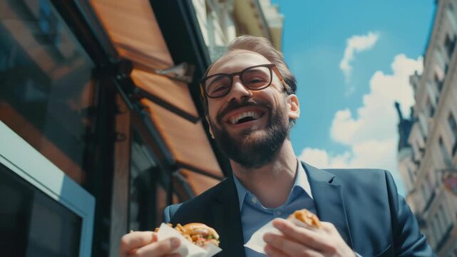 Man with beard enjoys fast food on city street; smiling, happy ambiance. He's wearing a suit, suggesting formal event nearby or perhaps he just finished work.