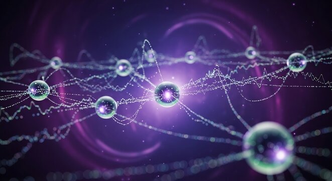 Dynamic Energy Waves, Quantum Particles, Cosmic Environment, Digital Illustration, Abstract Visualization, Science Concept