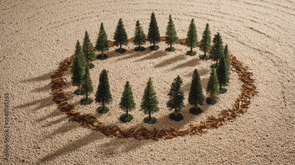 Aufkleber a circle of trees is surrounded by a circle of rocks. the trees are small and the rocks are brown. t