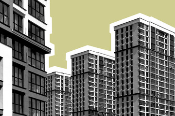 Fototapeta premium Modern tall multistorey residential building with balconies and contemporary facade in developing
