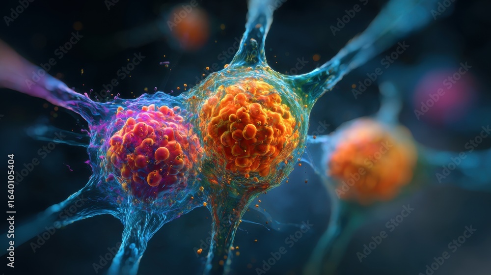 Poster a close up of a cell with a pink and orange blob in the middle.