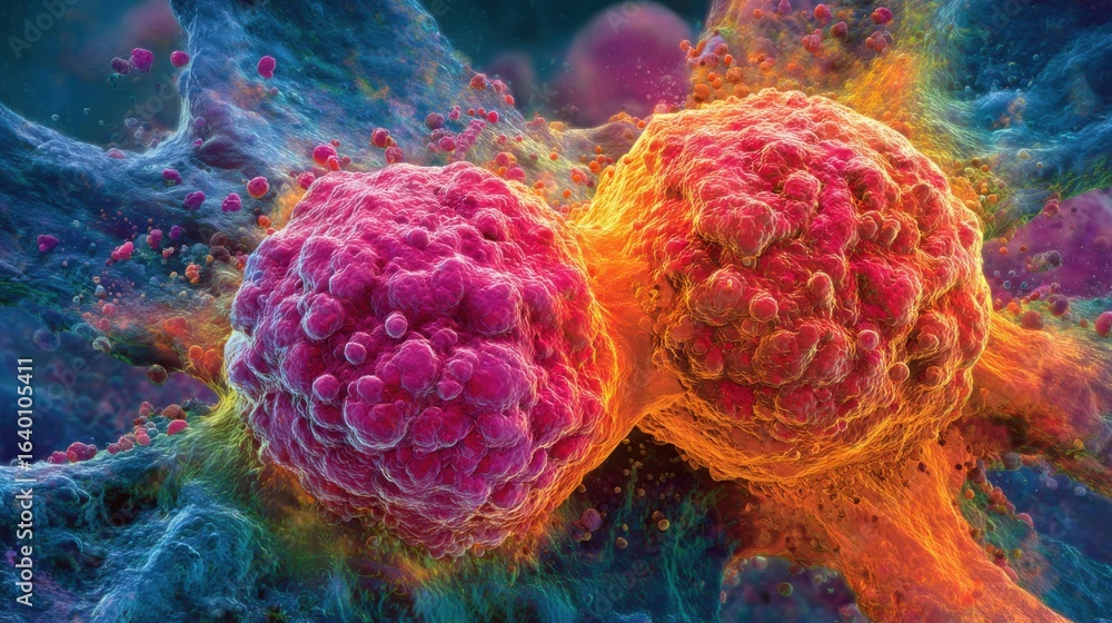 Poster two pink and orange blobs of cancer cells. the pink blob is larger than the orange blob