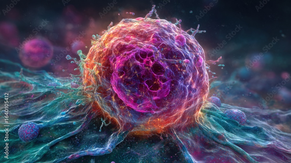 Poster a colorful blob of pink, purple, and blue with a yellow center. the blob is surrounded by other blob