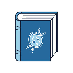 A blue science textbook icon featuring a cell and DNA double helix on the cover.