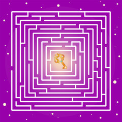 Find the way to the golden key. Maze game on purple background. Vector illustration for children's entertainment, activity book, print.