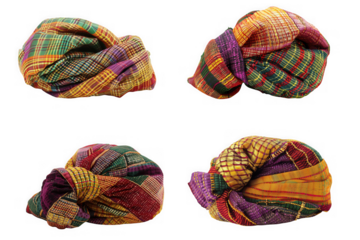 Four colorful patterned turbans or headwraps isolated on transparent background