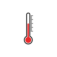 A minimalist flat icon of a thermometer with a red liquid column indicating a warm or high temperature reading.