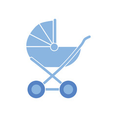 A stylized illustration of a baby stroller in a light blue color, perfect for announcements.