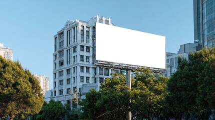 Captivating modern billboard showcasing blank white space against an urban cityscape backdrop with lush green trees, perfect for advertising and branding creativity.