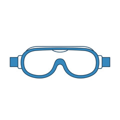 A simple blue and white line icon of protective safety or ski goggles for eye protection.