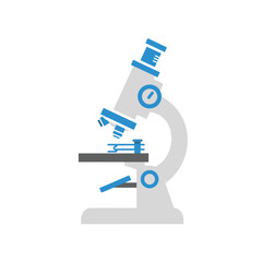 A stylized grey and blue laboratory microscope icon on a clean white background, representing scientific research and discovery.