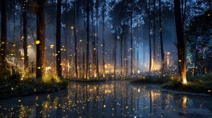 A forest at night with fireflies flying around. The fireflies are glowing in the dark and the water is reflecting the light. The scene is peaceful and serene