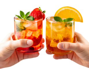 Set of orange and strawberry cocktails in men’s hands – refreshing summer drinks isolated on transparent background.