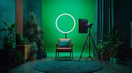 A minimalist content creators home studio featuring a key green screen backdrop, ring light, ergonomic chair.
