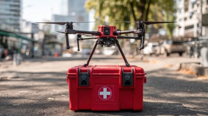 A red box with an emergency medical kit on top of it. The box is on the ground in front of a building