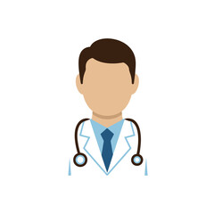 A stylized illustration of a male doctor wearing a white coat and stethoscope, representing healthcare professionals and medical services.