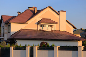 City view, modern buildings and skyscrapers against the blue sky.