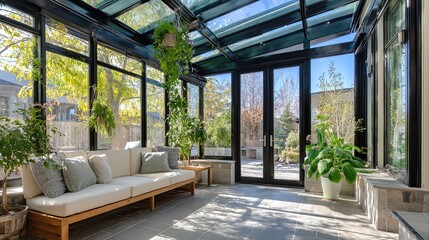 Relaxing sunroom oasis featuring comfortable seating and abundant natural light, perfect for peaceful moments or entertaining guests amidst lush greenery and garden views.