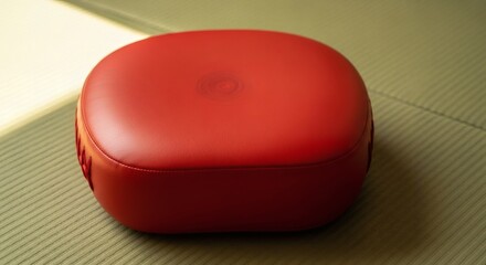 A small, vibrant red square pouf with rounded corners sits on a textured, light green fabric surface.