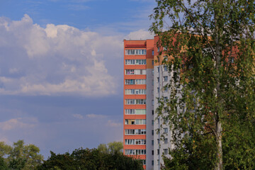 City view, modern buildings and skyscrapers against the blue sky.