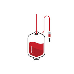 A simple vector illustration of a hanging blood bag for donation or transfusion, filled with red liquid and attached to a tube.