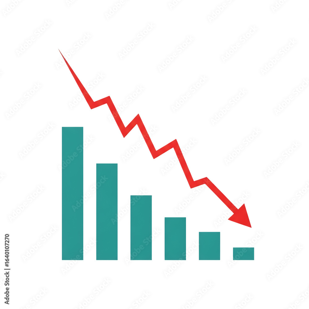 Poster a bar chart showing a downward trend with a red zigzag line and arrow indicating a sharp decline, is