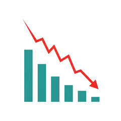 A bar chart showing a downward trend with a red zigzag line and arrow indicating a sharp decline, isolated on transparent background