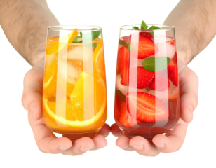 Set of orange and strawberry cocktails in men’s hands – refreshing summer drinks isolated on transparent background.