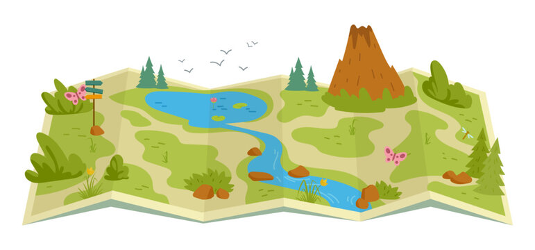 Cartoon hiking trail map. Wild nature terrain map, hiking route and destination, trees, lake and mountain elements on map flat vector illustration. Hiking track map