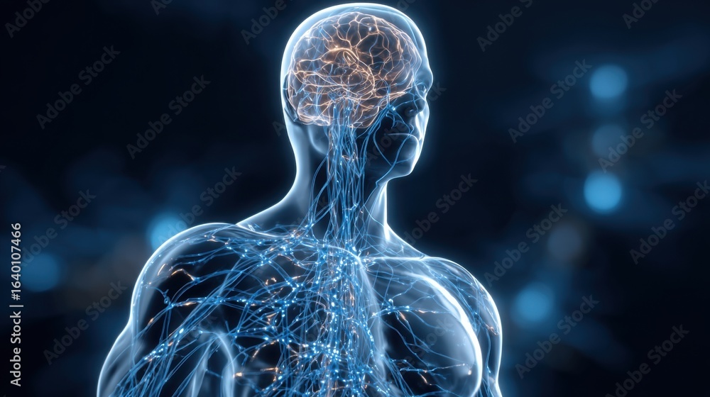 Poster a man's brain is shown in a blue and orange color scheme. the brain is surrounded by a network of bl
