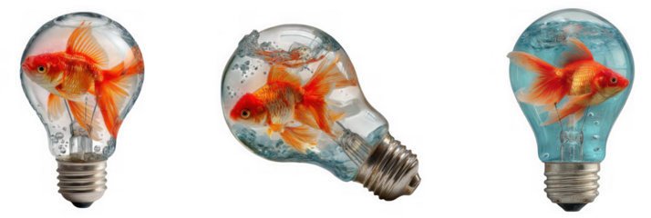 Goldfish swimming inside a glass lightbulb filled with water, isolated on transparent background