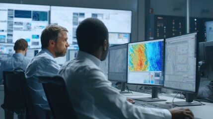 Three men are sitting at computer monitors, looking at a weather map. One of the men is wearing a tie