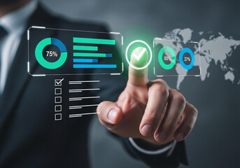 Photo of businessman interacting with data analytics interface and virtual dashboard for business intelligence